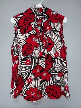 Nine West Red Black White Bold Leaf Tie-Neck Sleeveless Lightweight Top Size L